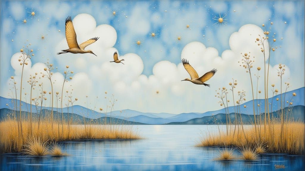 Egrets Flying Over Desert Rice Fields in Impressionist Style