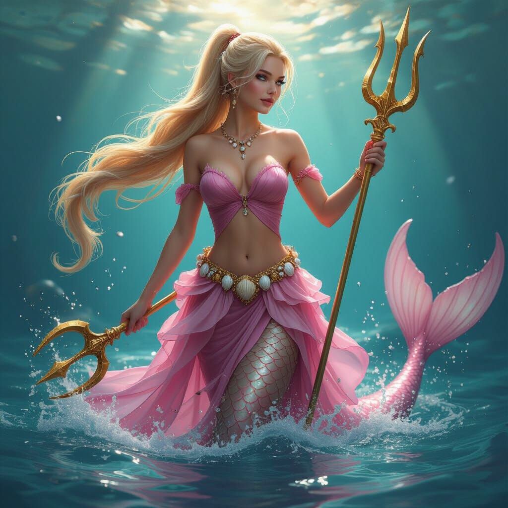 Blonde Half-Mermaid Woman with Trident in Shimmering Water