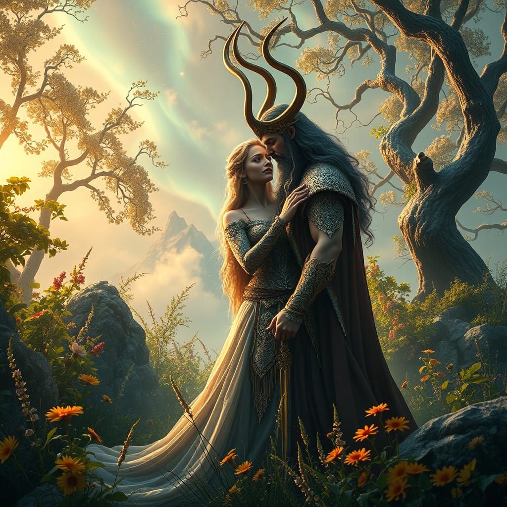 Norse Gods in Enchanted Realm, Regally Adorned in Opulent At...