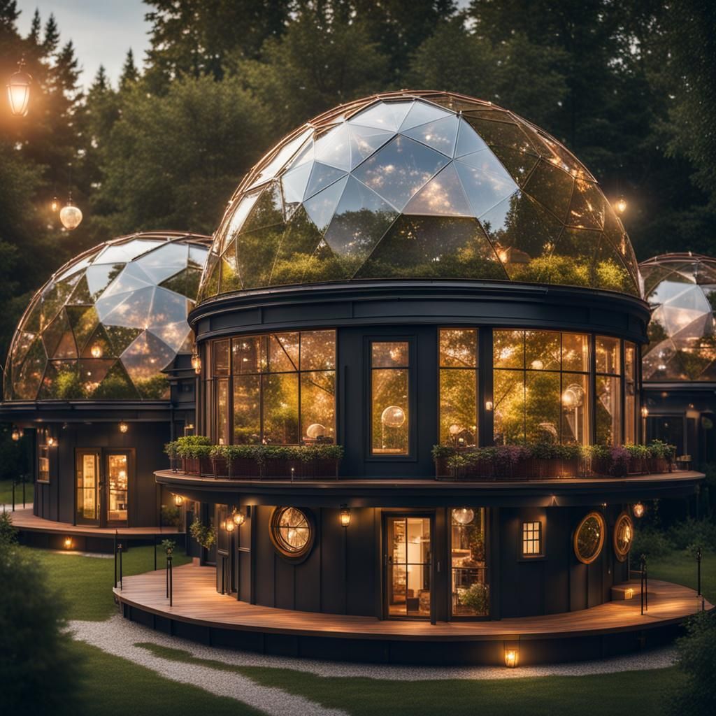 Steampunk Dome Houses in Space with Lights and Trees