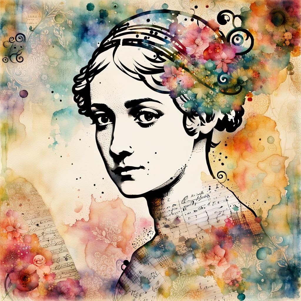 Watercolor Portrait of Jane Austen with Floral Embellishment...