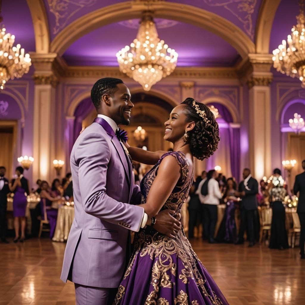 Smiling Couple Dancing in Ornate Ballroom