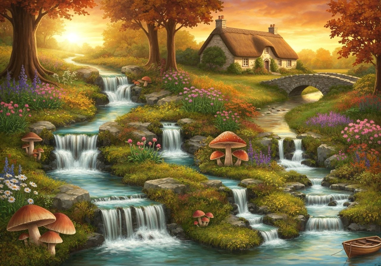 Enchanting Autumn Woodland Garden with Waterfall and Cottage