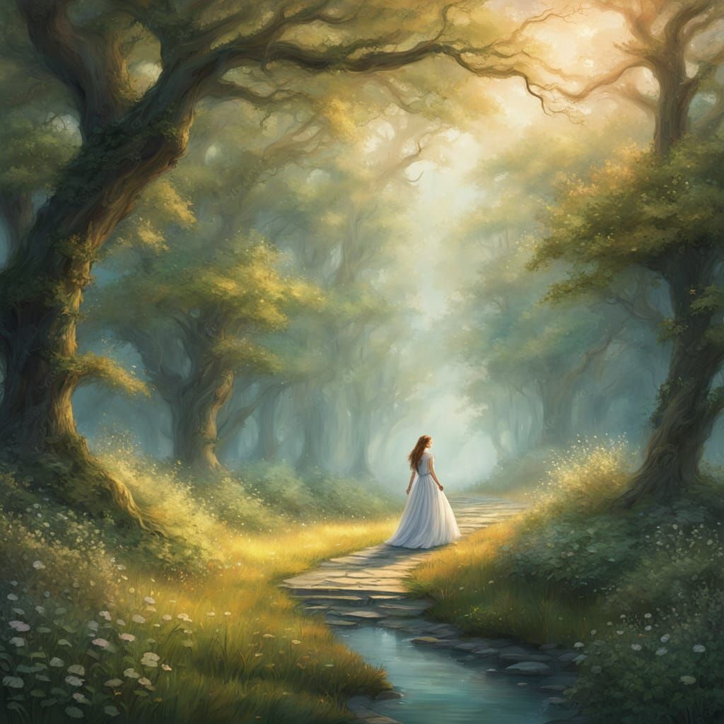 Mystical Forest Goddess in Whimsical Fantasy Landscape