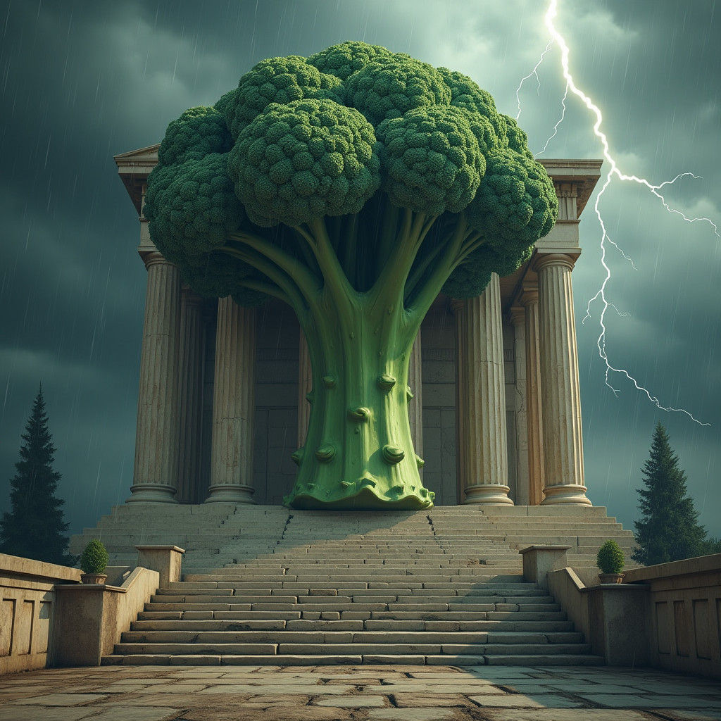 Broccoli God on Greek Temple in Stormy Weather