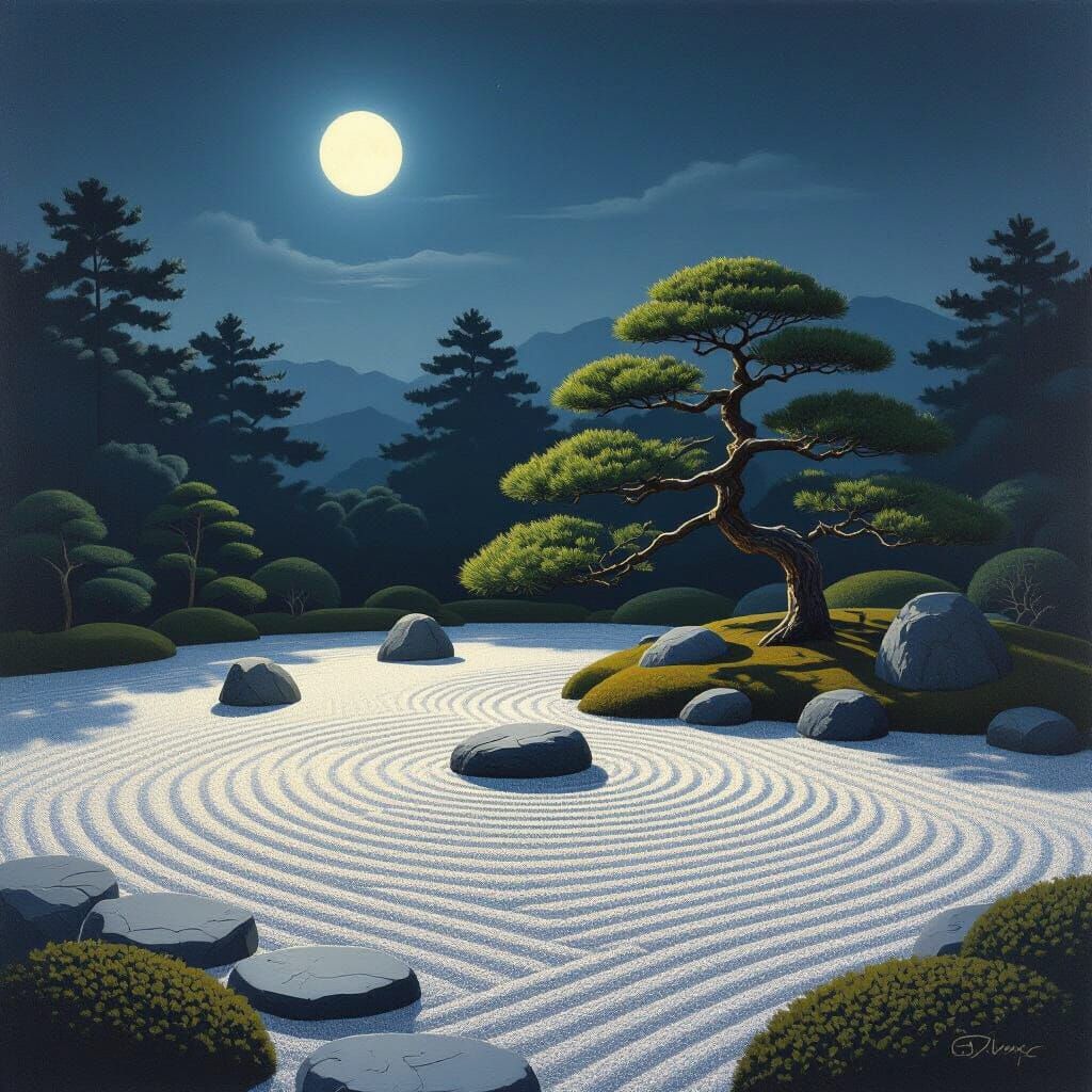 Moonlit Zen Garden with Bonsai in Photorealistic Style