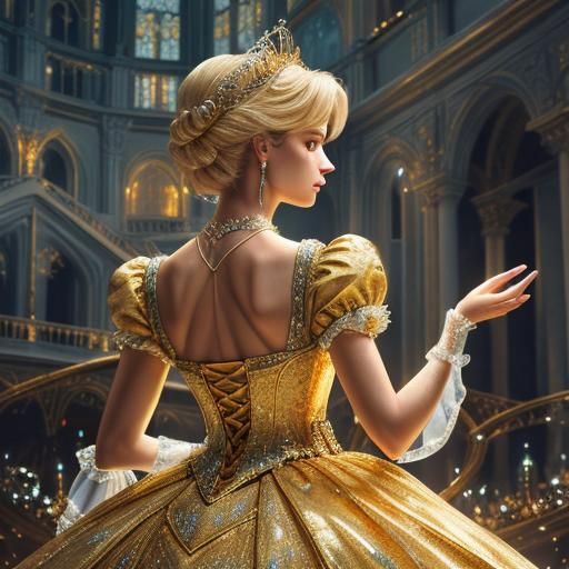 Hyperrealistic Cinderella in Golden Glass Dress