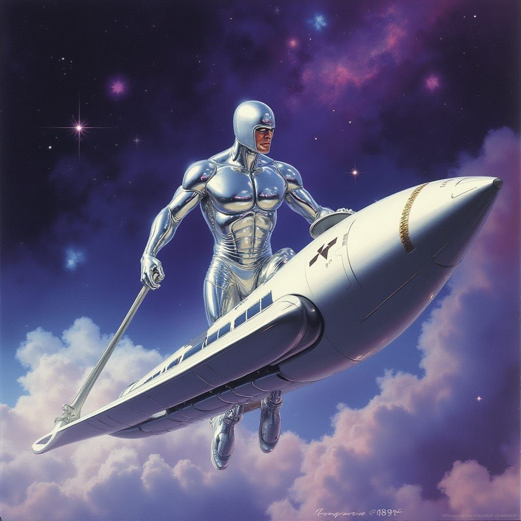 Silver Surfer in Industrial Futuristic Spacecraft through Or...