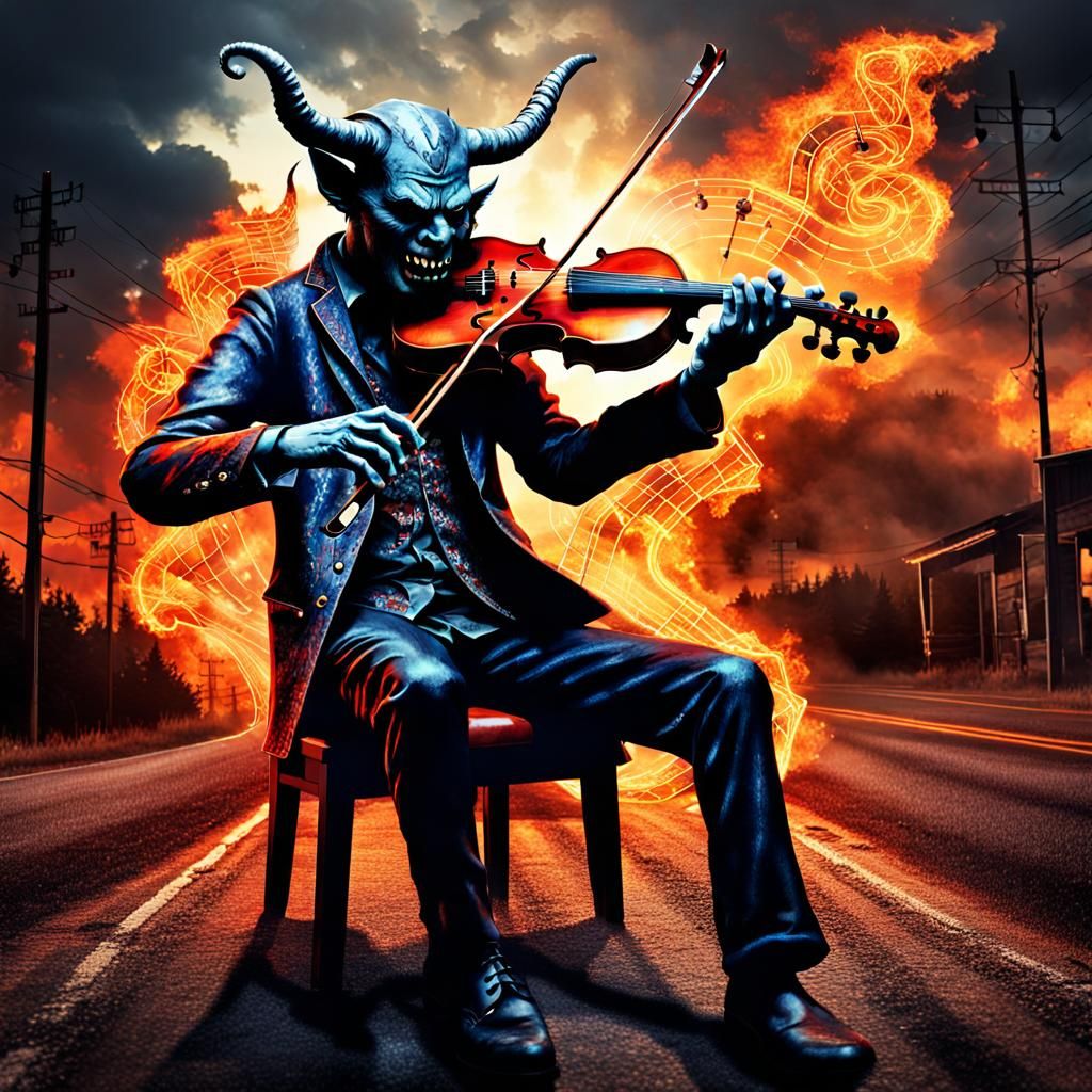 Devil Plays Fiddle at Crossroads, Detailed Mixed Media