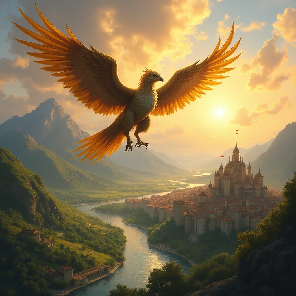 Griffin Soaring Above Medieval City in Fantasy Style