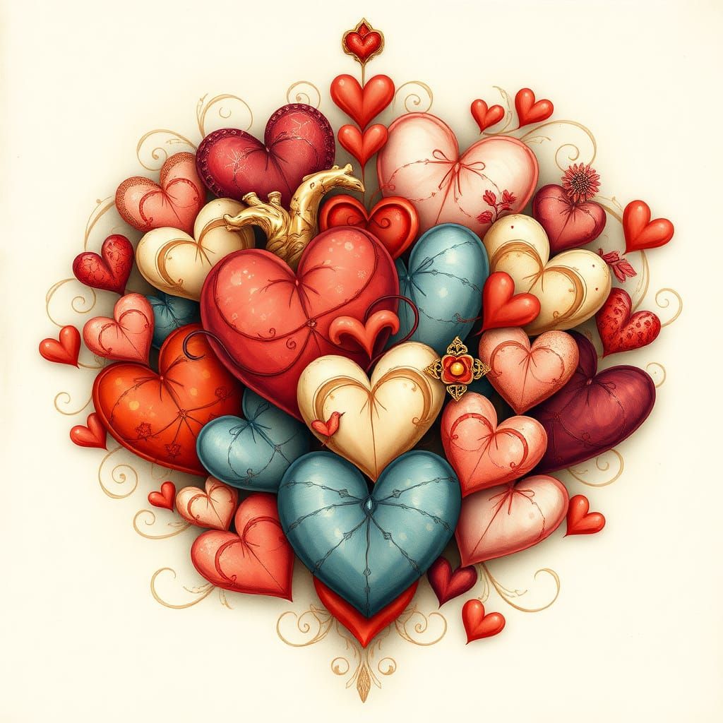 Ornate Hearts Illustration in Whimsical Style