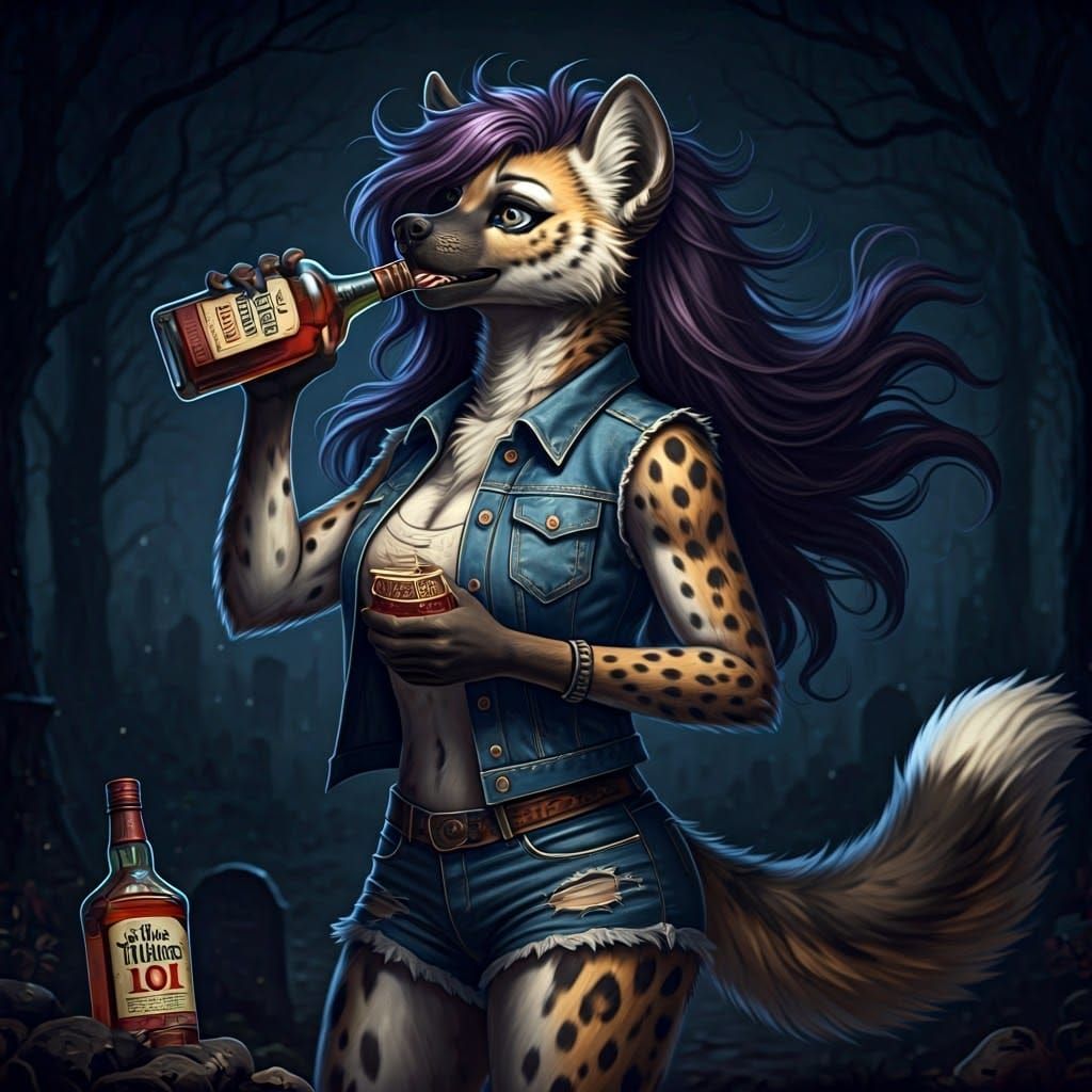 Sultry She-Hyena Sips Whiskey in Midnight Graveyard