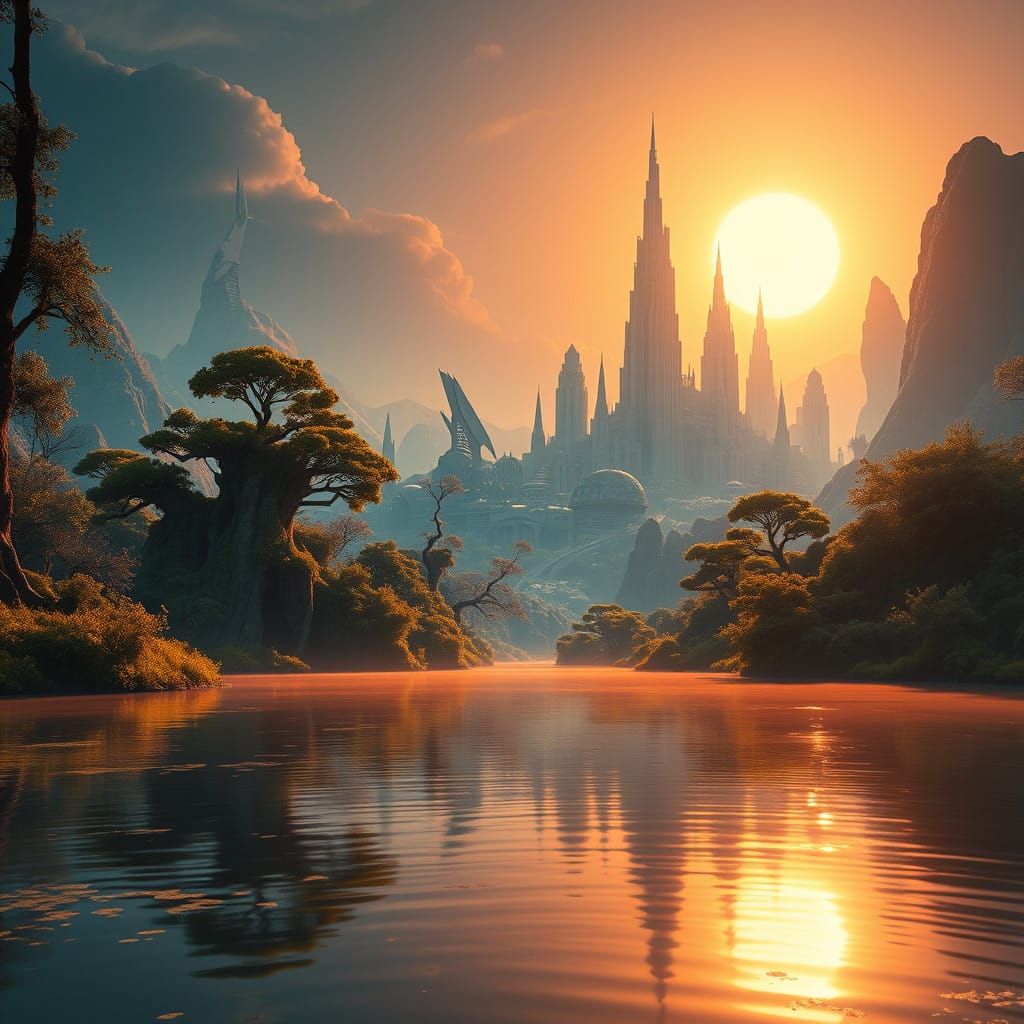 Serenely Futuristic Utopia at Sunset