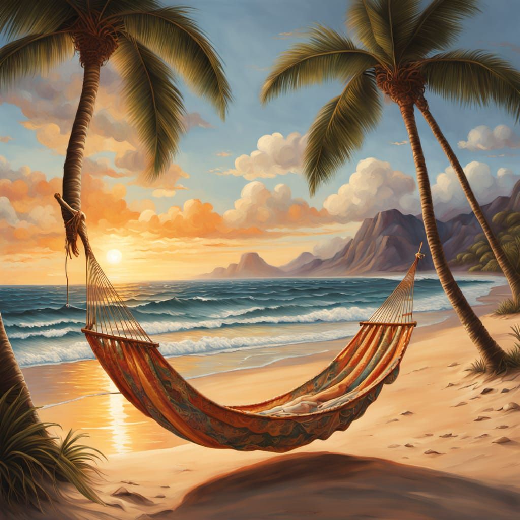 Vibrant Oil Painting of Tropical Beach Sunset Hammock