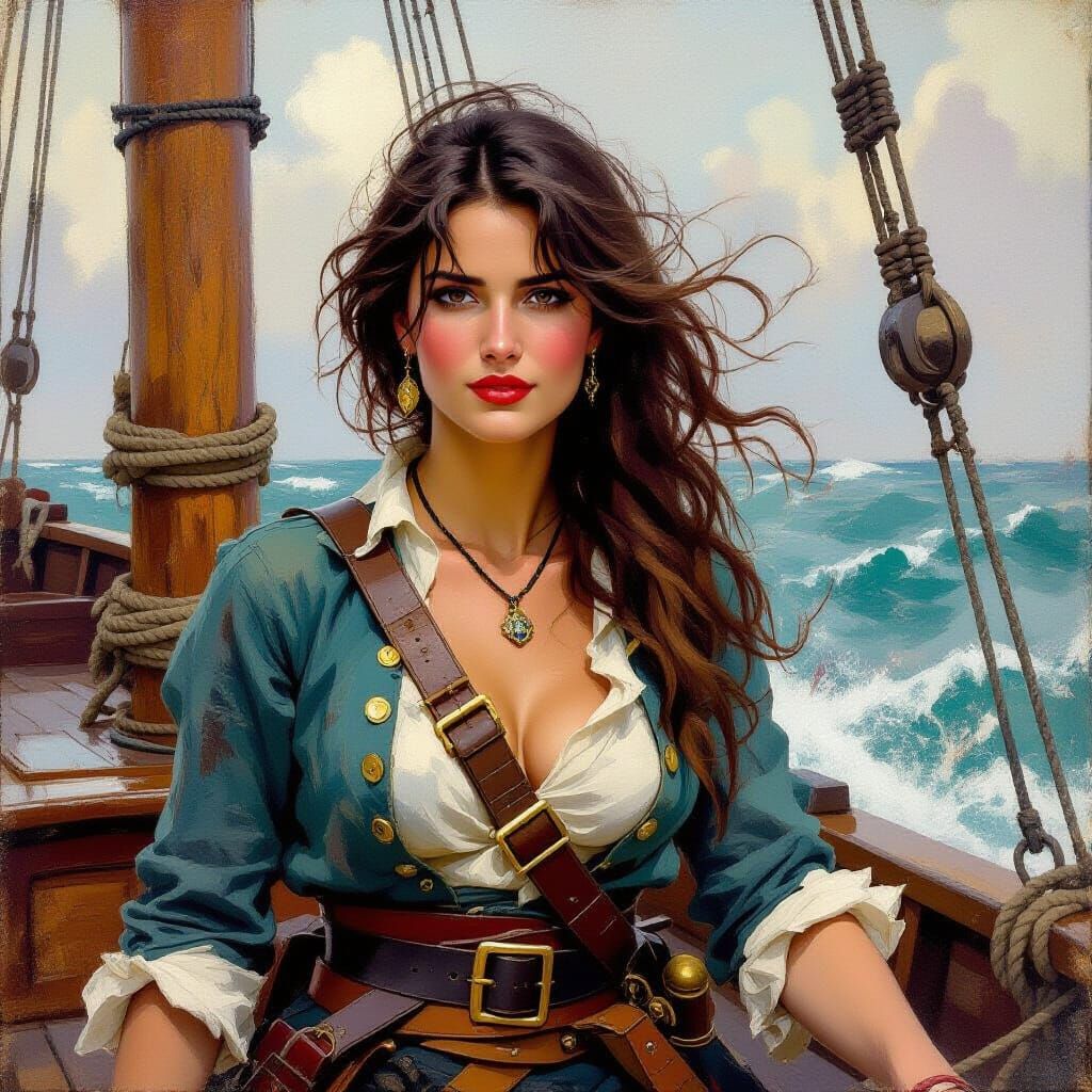 Pirate Woman on Ship Deck in Winslow Homer Style