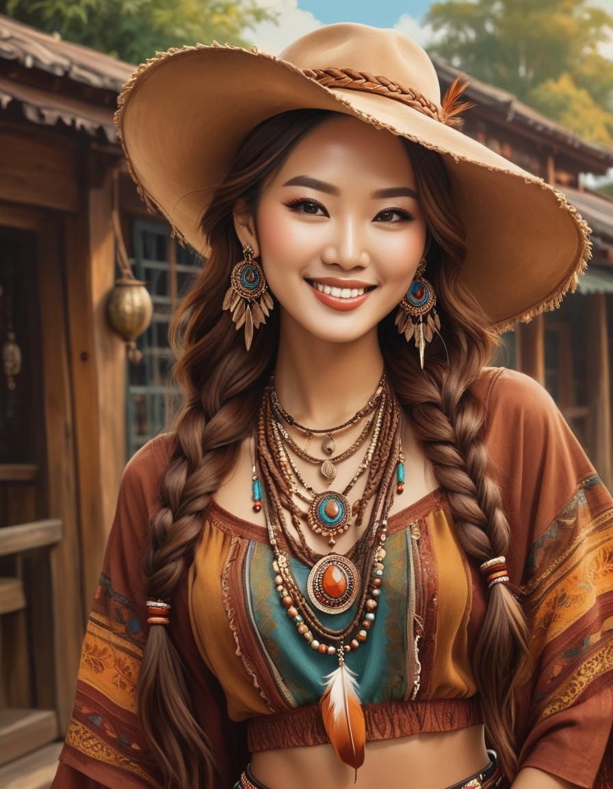Asian Woman with Braided Hair and Bohemian Jewelry
