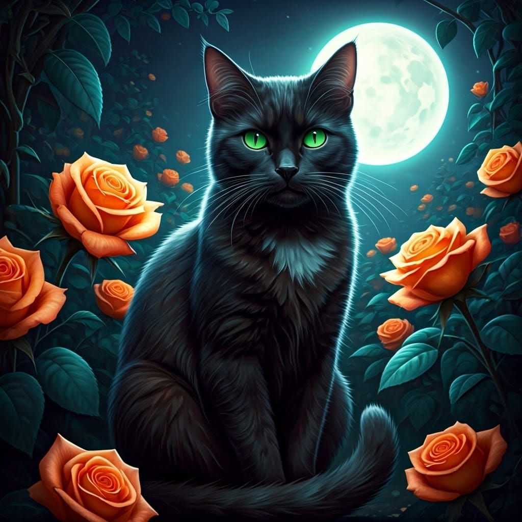 Moonlit Feline Majesty in Vibrant Garden