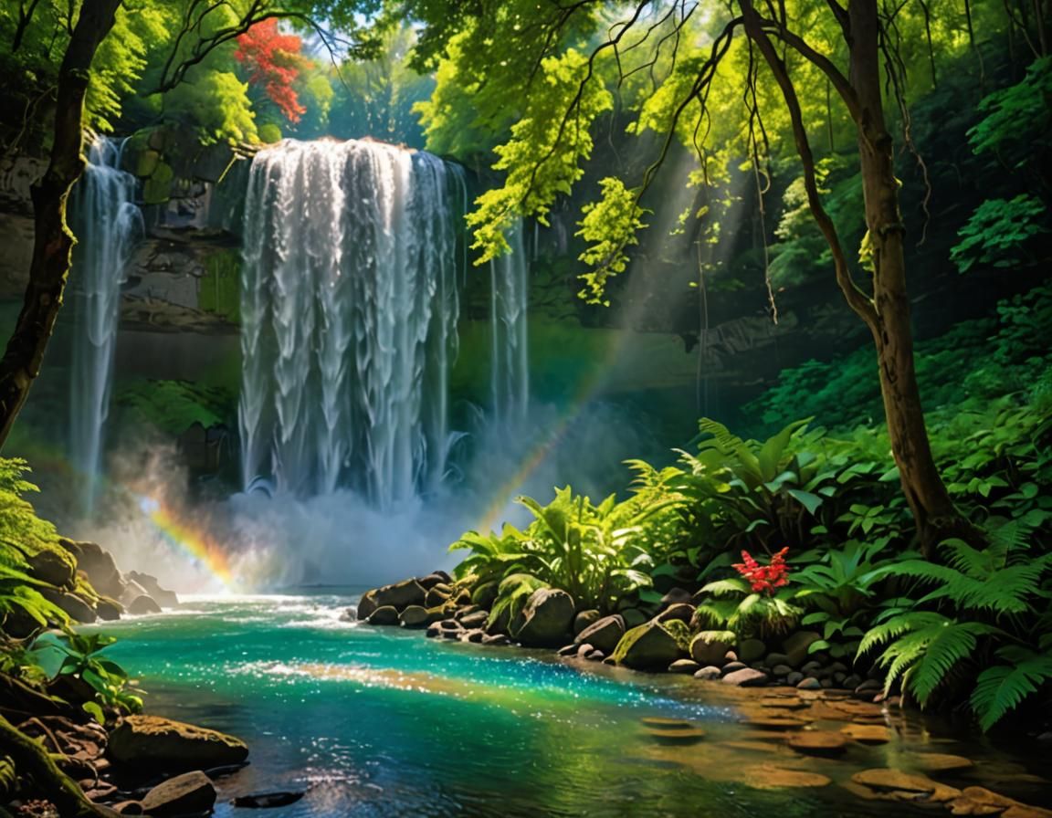 A rainbow over a waterfall