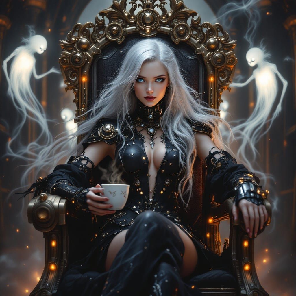 Steampunk Android on Steel Throne with Coffee
