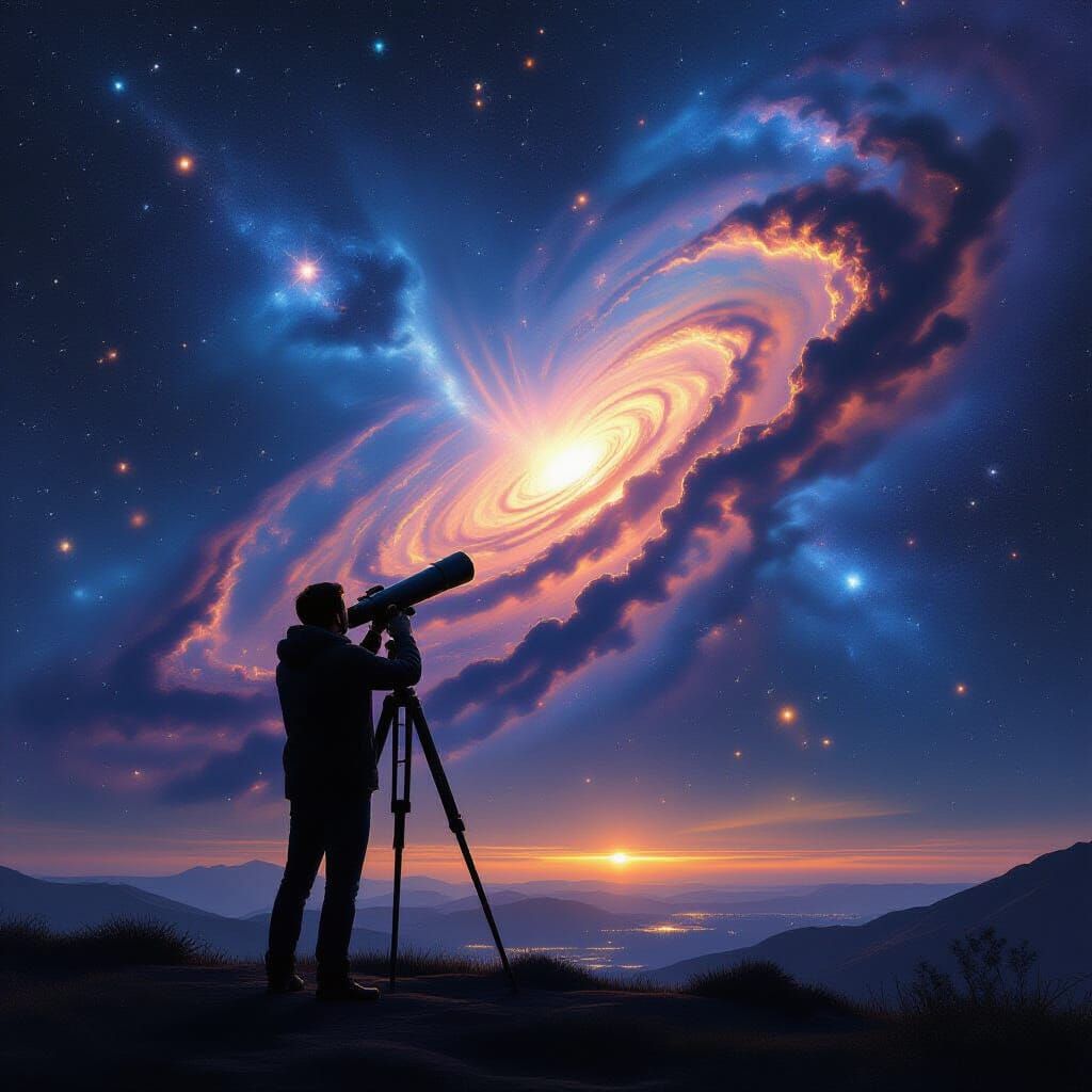 Man Stargazing at Nebulae Panorama in Sci-Fi Style