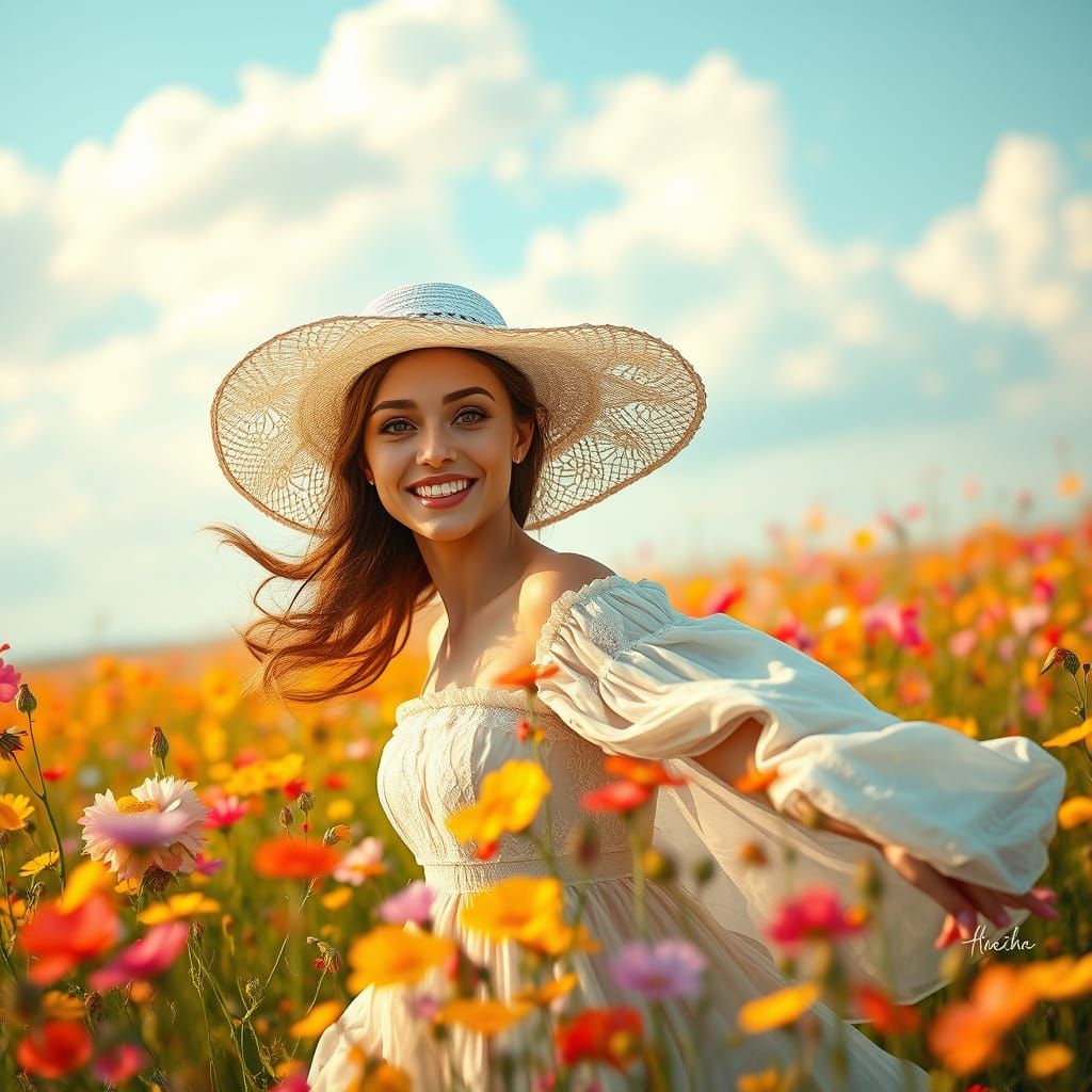 Whimsical Portrait of a Woman in a Field of Wildflowers, in ...