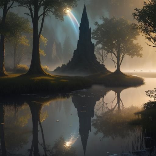 Antelope Silhouette in Rainbow Wetland: Kinkade Style