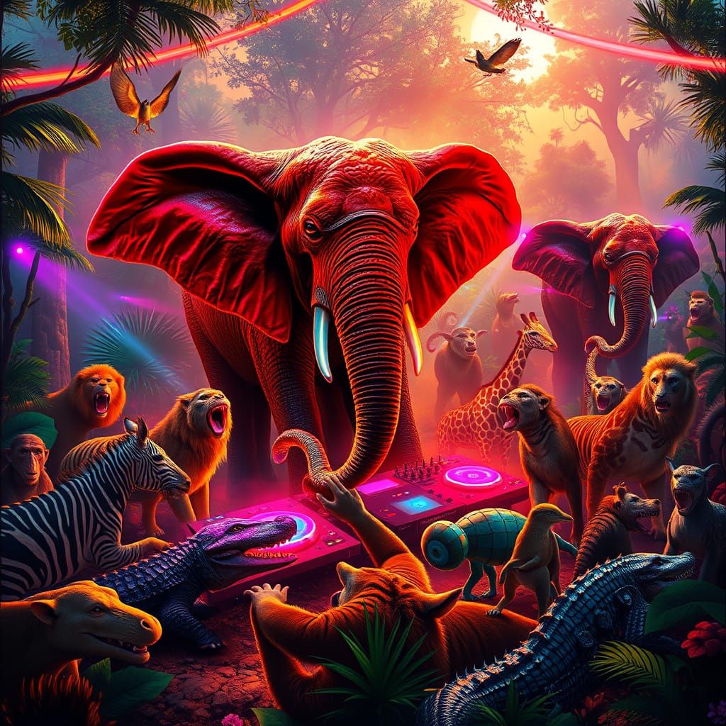 Vibrant Forest Rave Scene in Hyperrealistic Style