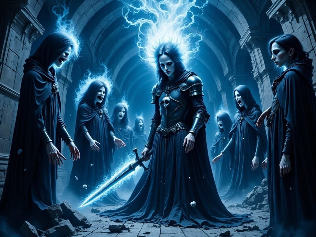 Sickly Knight Battles Shadowy Figures in Surreal Blue Landsc...