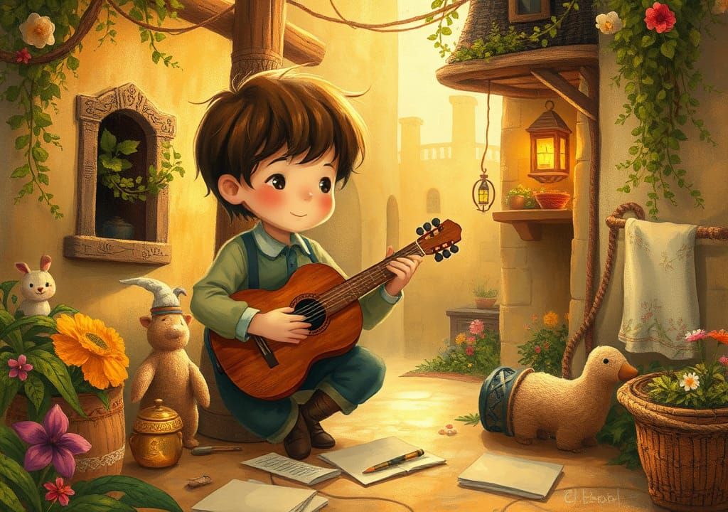 Charming Folk-Art Illustration of Young Musician