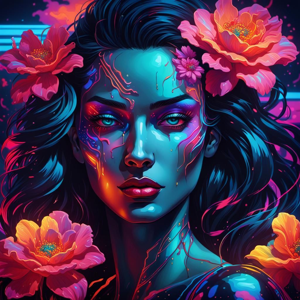 Cyberpunk Woman Portrait with Neon Flowers and Retro Glow