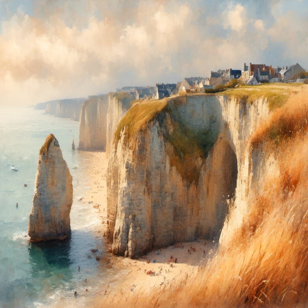 Etretat Cliffs Warm Colors Watercolor Landscape