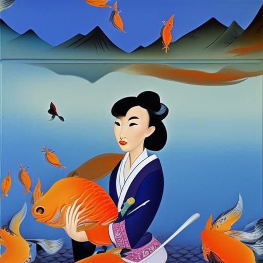 Mulan with Koi Fish: Surreal Oil Painting