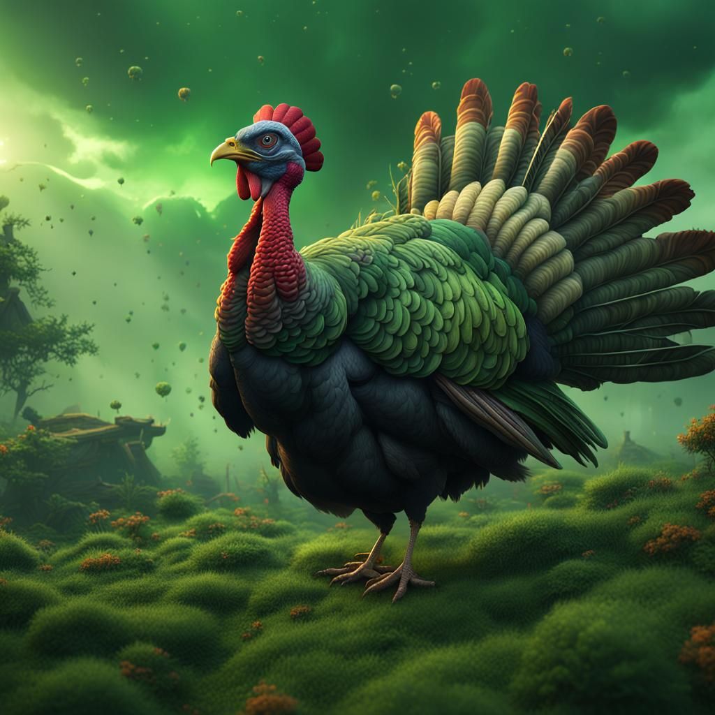 Whimsical Turkey Farting in a Green Fog Cloud