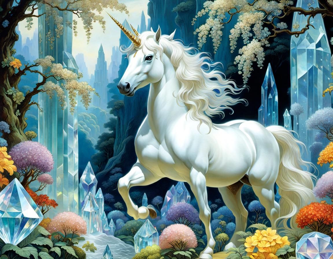 Enchanted Unicorn in Mystical Crystal Glade