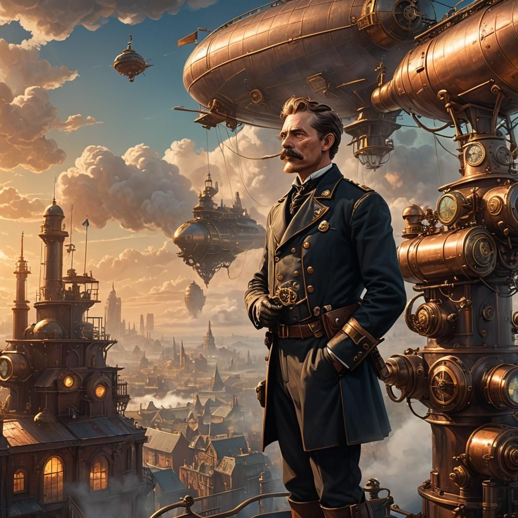 Steampunk Airship Captain at Dawn