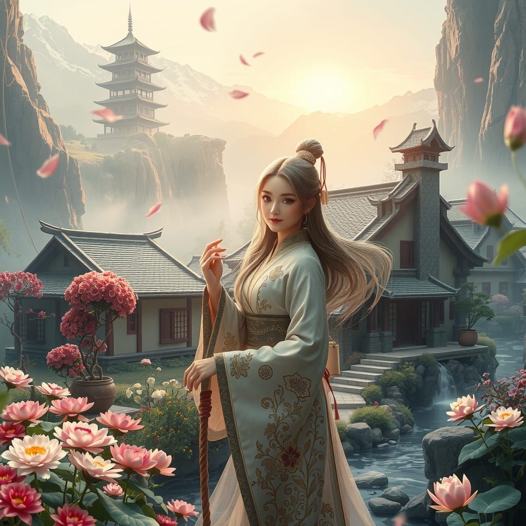 Ethereal WuXia Maiden in Vibrant Garden, Inspired by Traditi...
