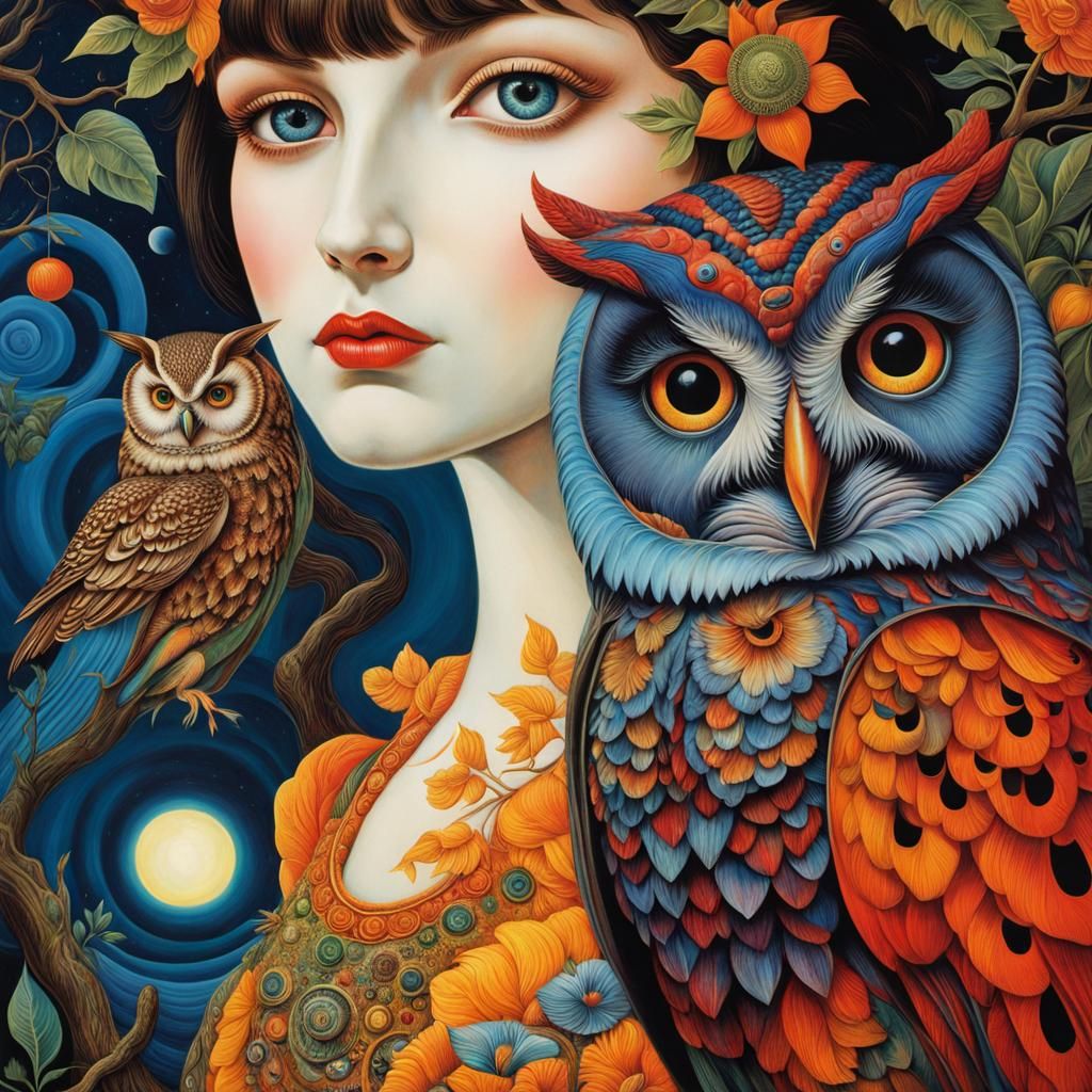 Psychedelic Woman and Owl in Surreal Hyperrealism