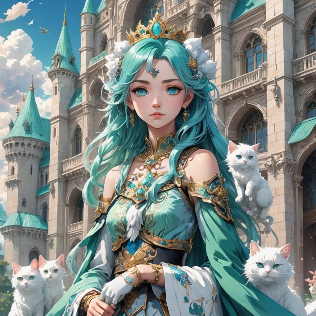 Anime Warrior Queen with Teal Hair and Palace
