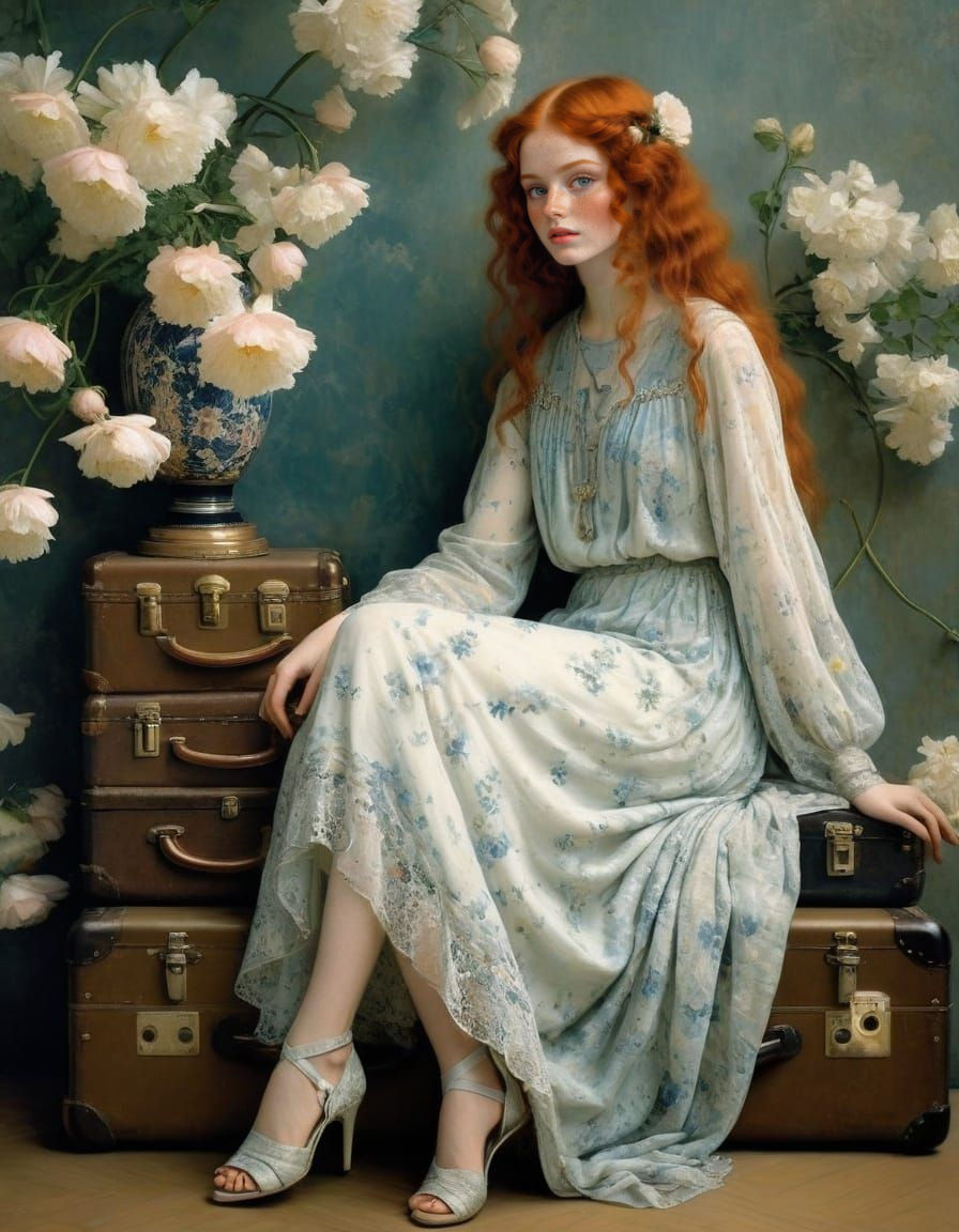 Surrealistic Portrait of a Freckled Redhead in Elegant Attir...