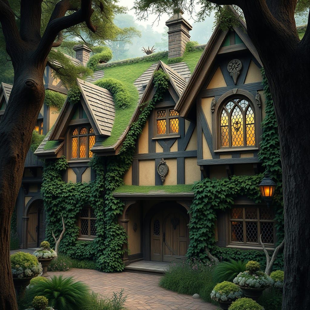 Whimsical Tudor-Style Hobbit Home in Lush Fantasy Forest