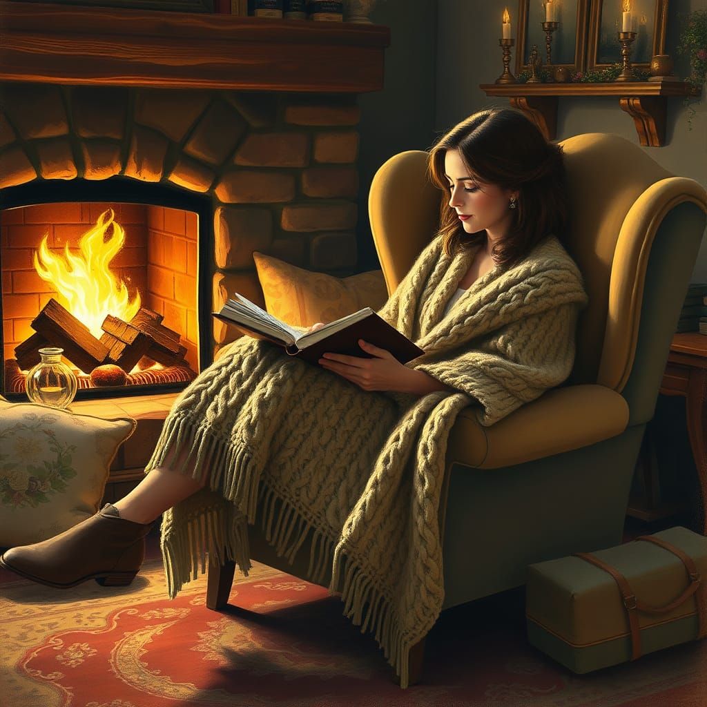 Cozy Fireplace Reading in Kinkade-esque Style