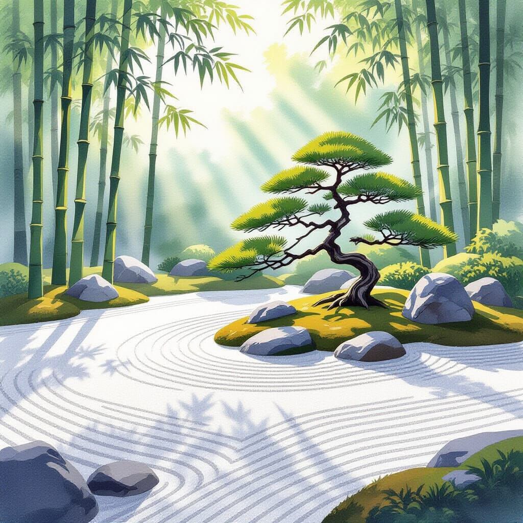 Serene Japanese Rock Garden with Ancient Bonsai