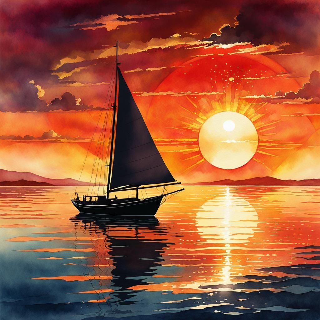 Stylized Sunset Sailboat on Sparkling Waters