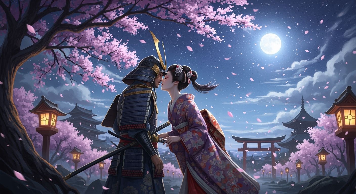 Samurai and Geisha Kiss Under Sakura Trees in Ukiyo-e Style