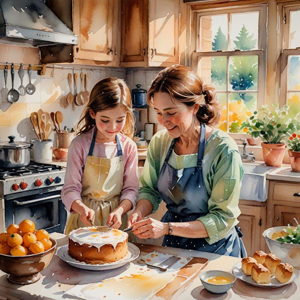 Mother and Daughter Bake a Cozy Cake in Warm Watercolor Styl...