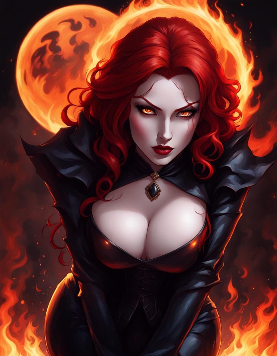 Redhead Vampire Bowing in Fiery Dark Fantasy Art