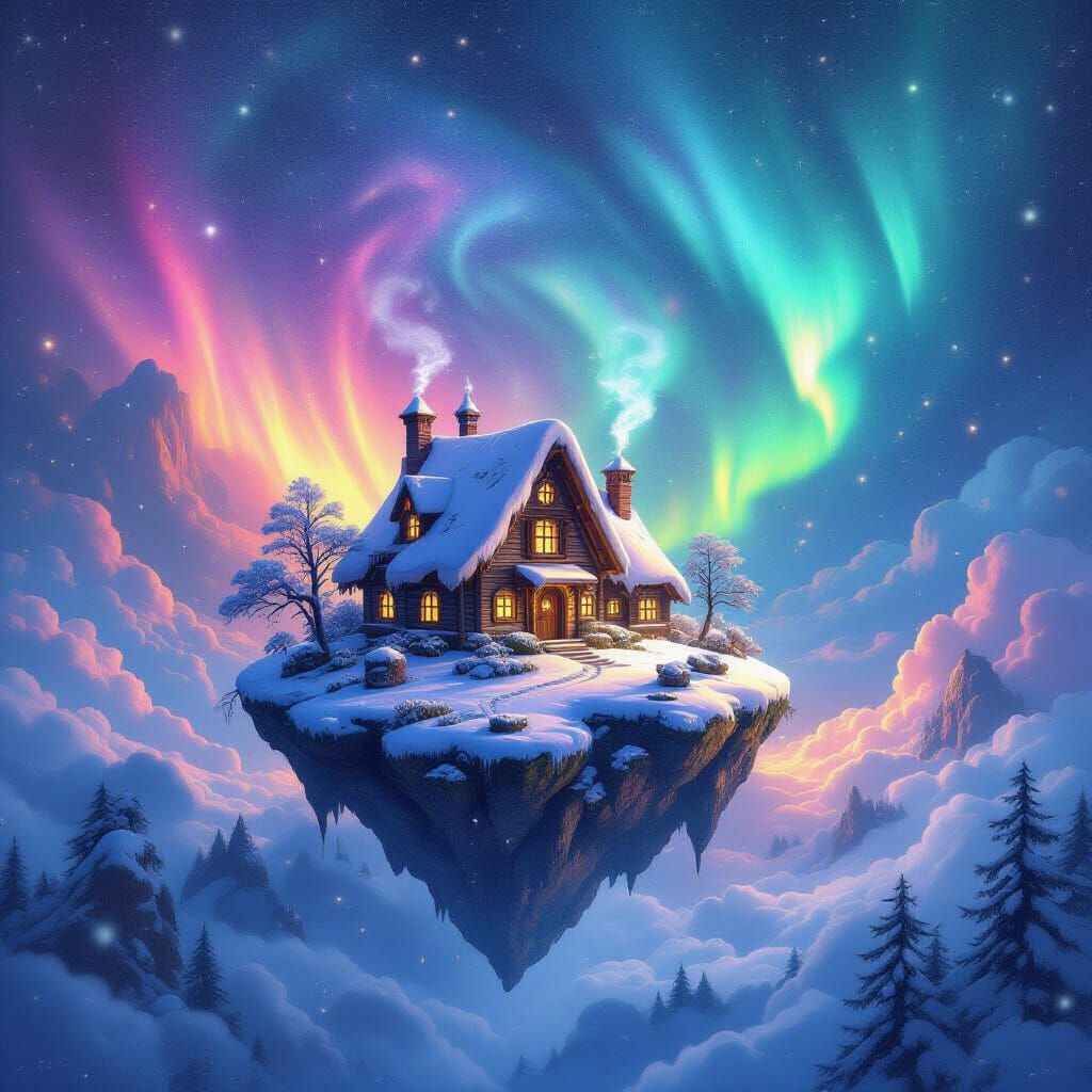 Surreal Floating Island Village in Cosmic Nebula