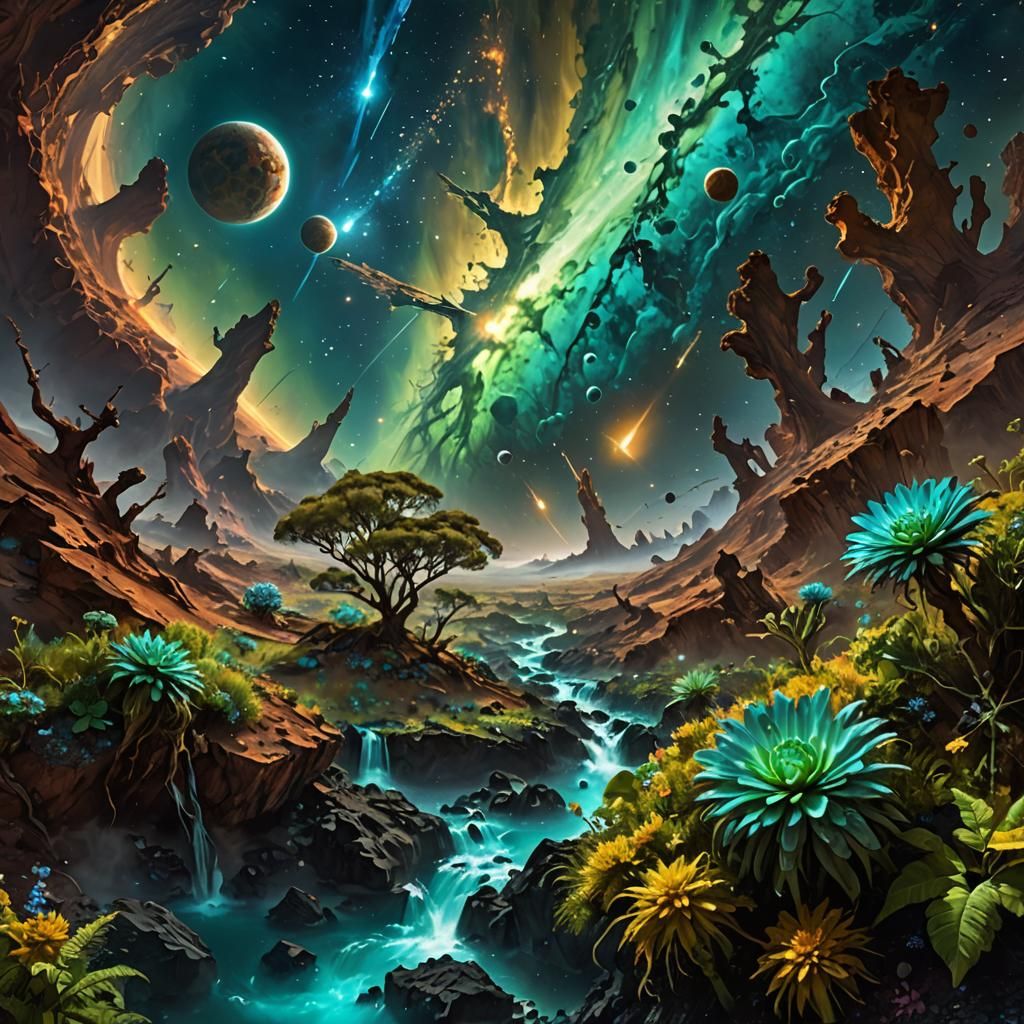 Lush Planet Amidst Cosmic Rain, in Fluid Visionary Style