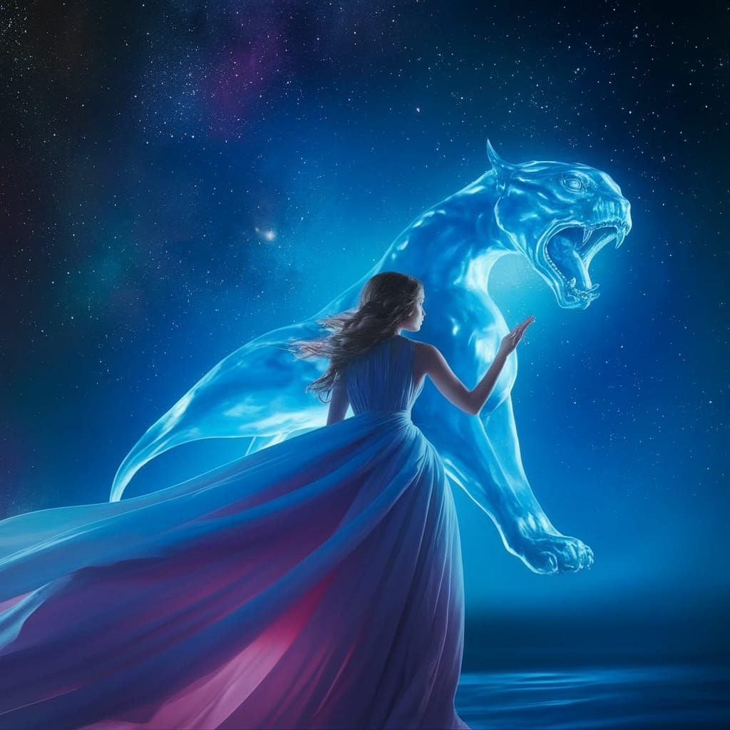 Ethereal Goddess Beside Iridescent Astral Panther in Shimmer...