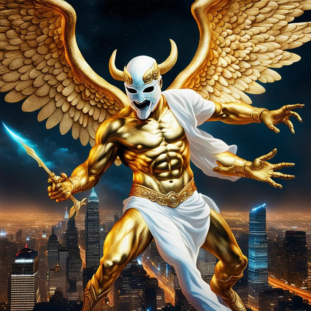 Gold Angel Versus Demon Over City at Night